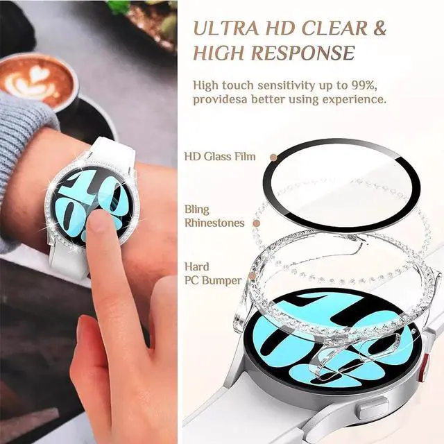 Alt view image 4 of 7 - Screen Protector Case for Samsung Galaxy Watch 6 40mm/44mm, Bling Cover, Tempered Glass, Perfect Protection Anti Scratch 44mm Black