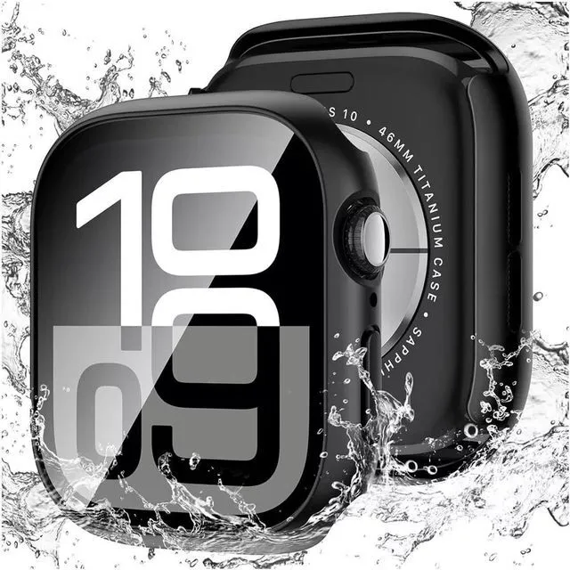 Alt view image 2 of 7 - Waterproof Watch Case for Apple Watch Series 10 42mm/46mm, 9H Tempered Glass Screen Protector, Anti-Scratch, Perfect Protection 46 mm Black