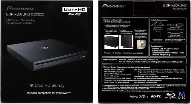 Alt view image 6 of 6 - Pioneer BDR-XS07UHD Portable 6X Ultra HD 4K Blu-ray Burner External Drive Bundle with Cyberlink Software Download Installation Code, 100GB M-DISC BDXL and USB Cable - Burns CD DVD BD DL BDXL Discs