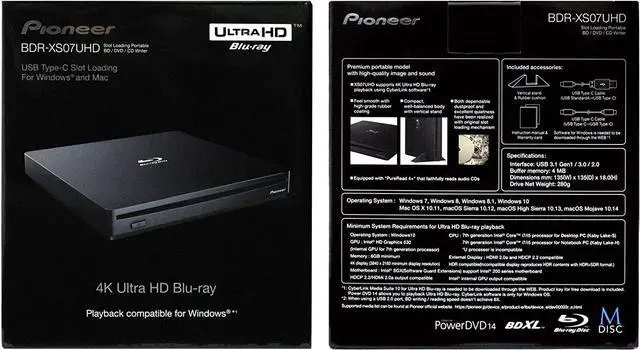 Alt view image 5 of 6 - Pioneer BDR-XS07UHD Portable 6X Ultra HD 4K Blu-ray Burner External Drive Bundle with Cyberlink Software Download Installation Code, 50GB M-DISC BD-R DL and USB Cable - Burns CD DVD BD DL BDXL Discs