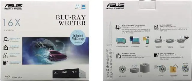 Alt view image 3 of 3 - Asus 16X BW-16D1HT Internal Blu-ray Burner Drive Bundle with 1 Pack M-DISC BD, Cable Accessories and Mounting Screws (Supports BDXL and M-Disc, Retail Box)