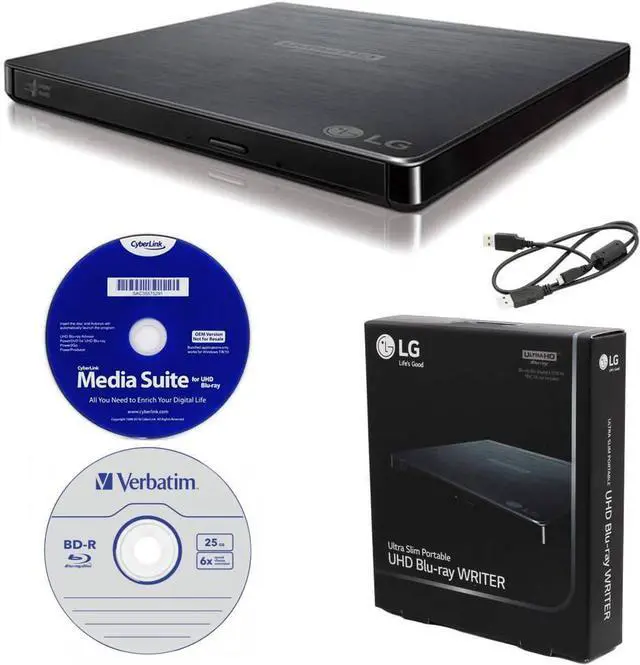 Main image of LG BP60NB10 Portable 6X Ultra HD 4K Blu-ray Burner External Drive with CyberLink Software, 25GB M-DISC BD-R, and USB Cable - Burns CD DVD BD DL BDXL Discs