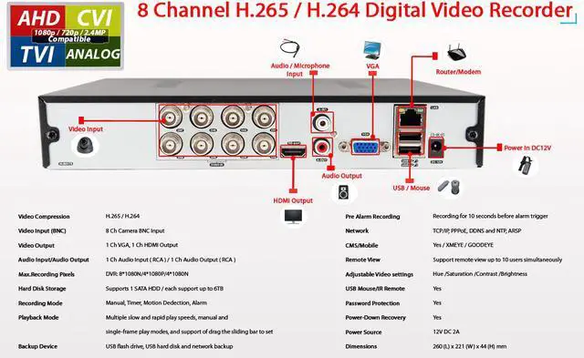Alt view image 6 of 7 - Evertech 8 channel DVR with 4TB Hard Drive H.265 High-Definition Hybrid TVI AHD CVI Analog Home Office Standalone CCTV Security Digital Video Recorder w/4TB HDD Installed and Pre-Configured