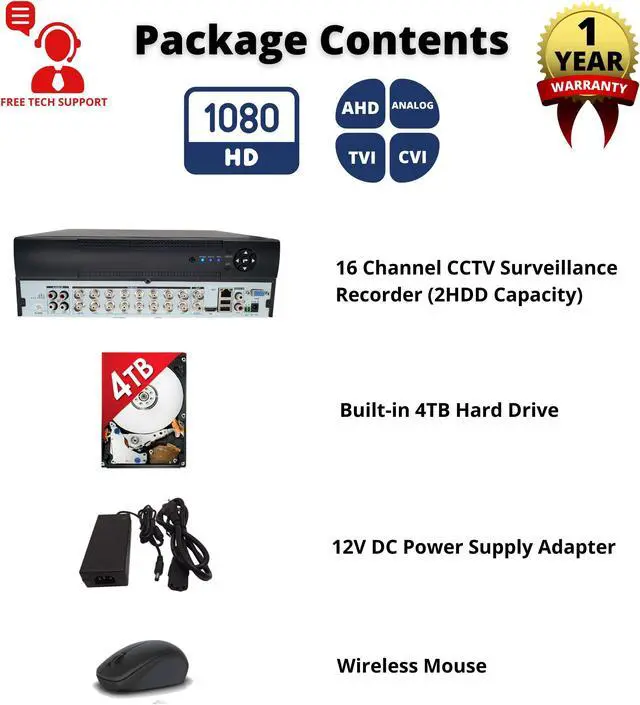 Alt view image 4 of 7 - Evertech 16 Channel Digital Video Recorder 4TB Hard Drive for Continuous Recording Compatible with 1080p/720p AHD TVI CVI and Analog (CVBS) Security Cameras Easy Mobile Remote Access email Alert