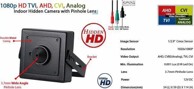 Alt view image 2 of 11 - Evertech 1080p HD 4in1 AHD TVI CVI, ANALOG Indoor Hidden Camera with Pinhole Lens