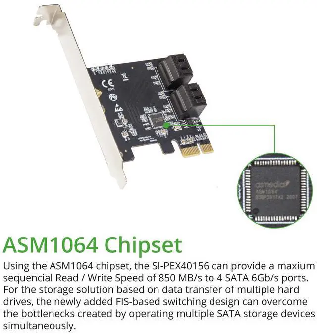 Alt view image 2 of 20 - 4 Port SATA III PCI-e 3.0 x1 Card Non-Raid with Low Profile Bracket