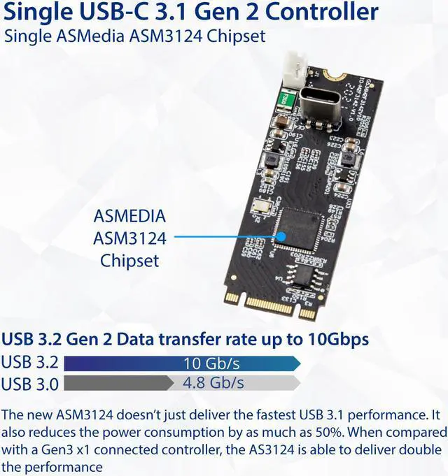 Alt view image 5 of 9 - USB 3.2 Gen 2 (10 Gbps) 1-Port Type-C M.2 22x60 B+M key Controller Card