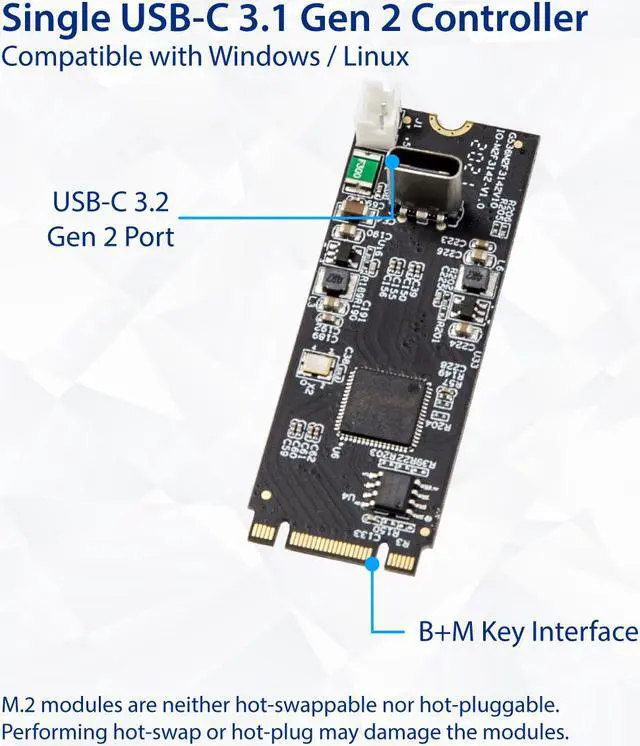Alt view image 2 of 9 - USB 3.2 Gen 2 (10 Gbps) 1-Port Type-C M.2 22x60 B+M key Controller Card