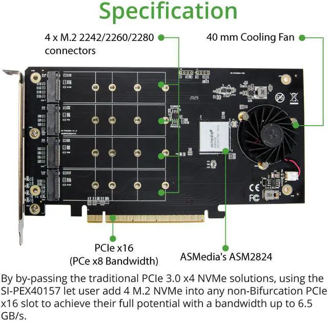 Alt view image 4 of 9 - QUAD M.2 NVMe Ports to PCIe 3.0 x16 Interface ( x8 Bandwidth) Bifurcation Riser Controller