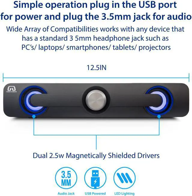 Alt view image 3 of 15 - Desktop Compact USB Powered Wired Multimedia Mini Stereo Sound Bar 3.5mm Audio Jack Blue LED 2.5 Watts
