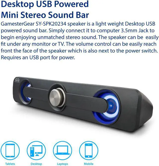 Alt view image 2 of 15 - Desktop Compact USB Powered Wired Multimedia Mini Stereo Sound Bar 3.5mm Audio Jack Blue LED 2.5 Watts