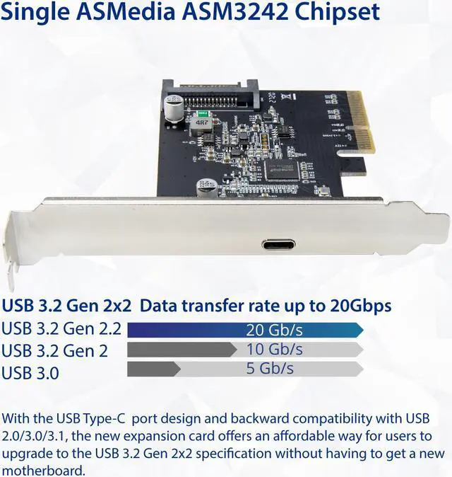 Alt view image 2 of 7 - Single Port USB-C 3.2 Gen 2x2  Type-C 20 Gbps PCI-e Gen 3 x4 Expansion Card ASMedia ASM3242