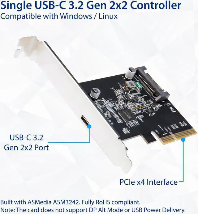 Alt view image 3 of 7 - Single Port USB-C 3.2 Gen 2x2  Type-C 20 Gbps PCI-e Gen 3 x4 Expansion Card ASMedia ASM3242