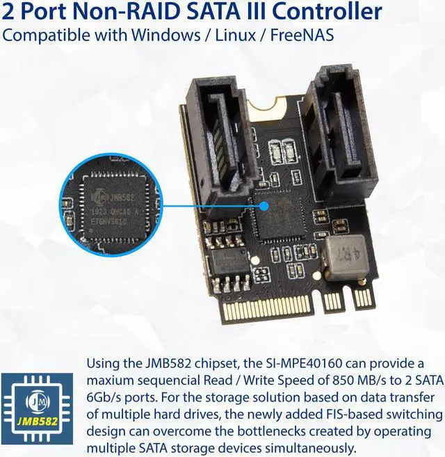 Alt view image 4 of 9 - 2 Ports NON-RAID SATA III 6gb/s to M.2 A+E Key 22x30 mm Jmicron JMB582