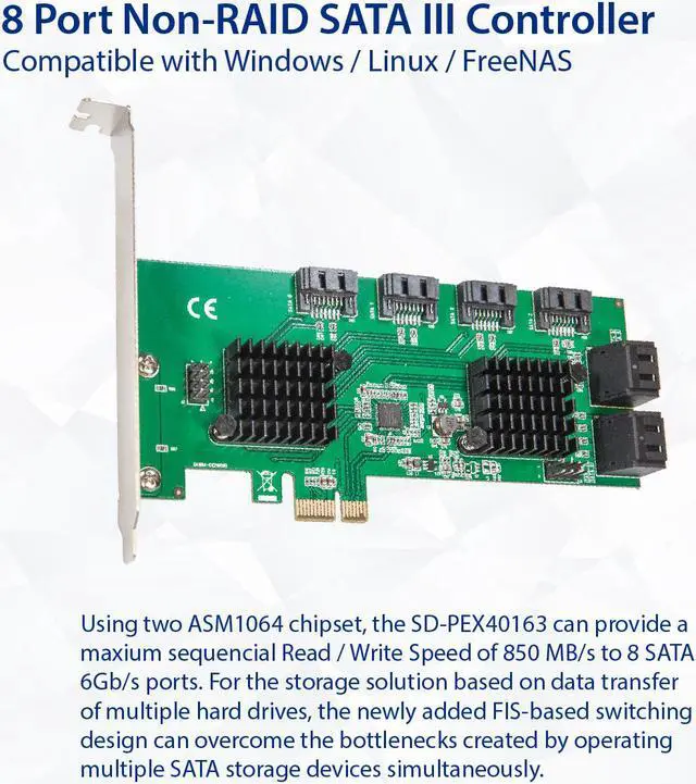 Alt view image 2 of 12 - 8 Port SATA III to PCIe 3.0 x1 NON-RAID Expansion Card