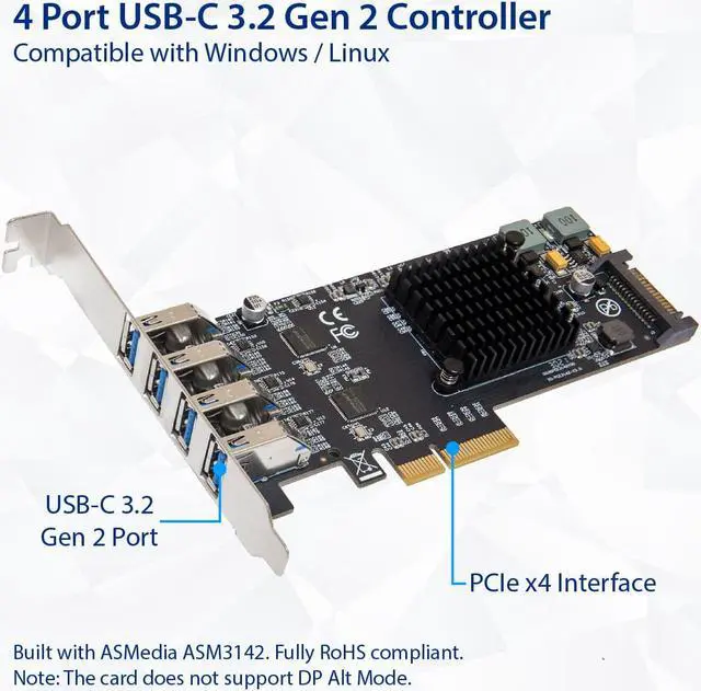 Alt view image 2 of 5 - USB 3.2 Gen 2 10 Gbps 4 Port Type-A 40 Gbps Total PCI-e 3.0 x4 Expansion Card
