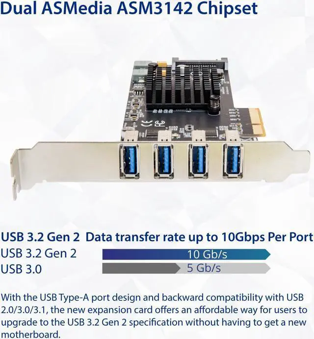 Alt view image 3 of 5 - USB 3.2 Gen 2 10 Gbps 4 Port Type-A 40 Gbps Total PCI-e 3.0 x4 Expansion Card