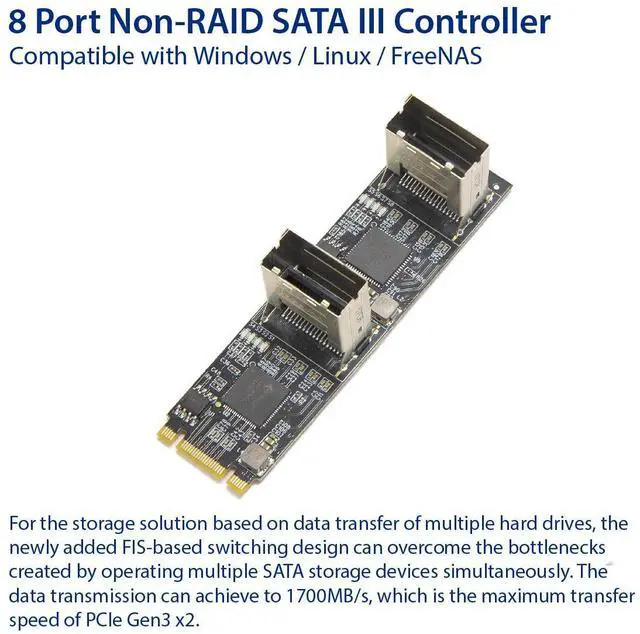 Alt view image 2 of 9 - Syba 8 port Non-RAID SATA III 6Gbp/s to M.2 B+M Key Adapter PCI-e 3.0 x2 Bandwith - SI-ADA40170