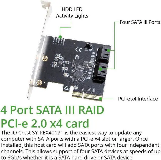 Alt view image 2 of 7 - 4 Port SATA III To PCI-e x2 RAID Expansion Card Marvell Chipset