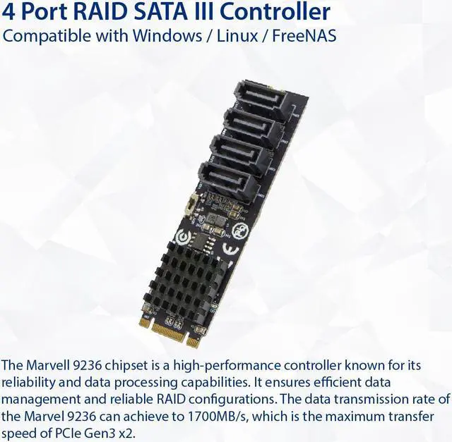 Alt view image 2 of 6 - 4 port RAID SATA III 6Gbp/s to M.2 B+M Key Adapter PCI-e 3.0 x2 bandwith