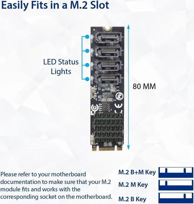 Alt view image 3 of 6 - 4 port RAID SATA III 6Gbp/s to M.2 B+M Key Adapter PCI-e 3.0 x2 bandwith
