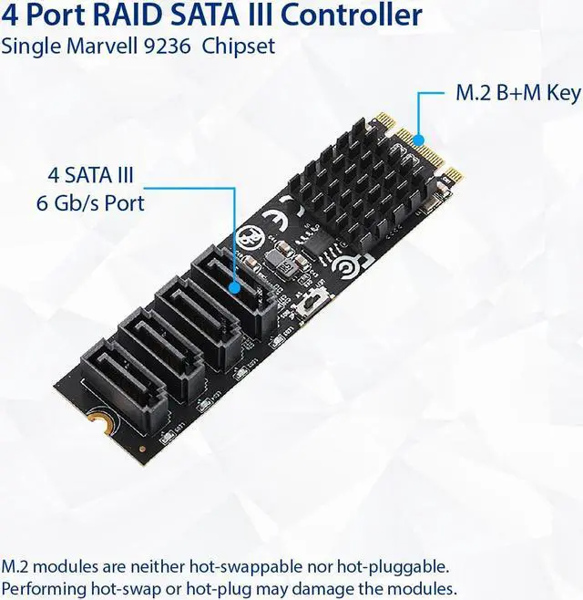 Alt view image 4 of 6 - 4 port RAID SATA III 6Gbp/s to M.2 B+M Key Adapter PCI-e 3.0 x2 bandwith