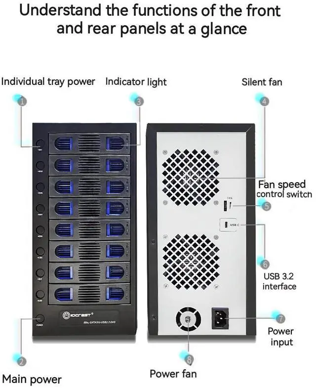 Alt view image 5 of 7 - SYBA SY-ENC50125 Black Hard Drive Enclosure USB 3.2 (10Gbps) Type-C 8 Bay 2.5 Inch and 3.5 Inch SATA Hard Drive External Hard Drive Enclosure