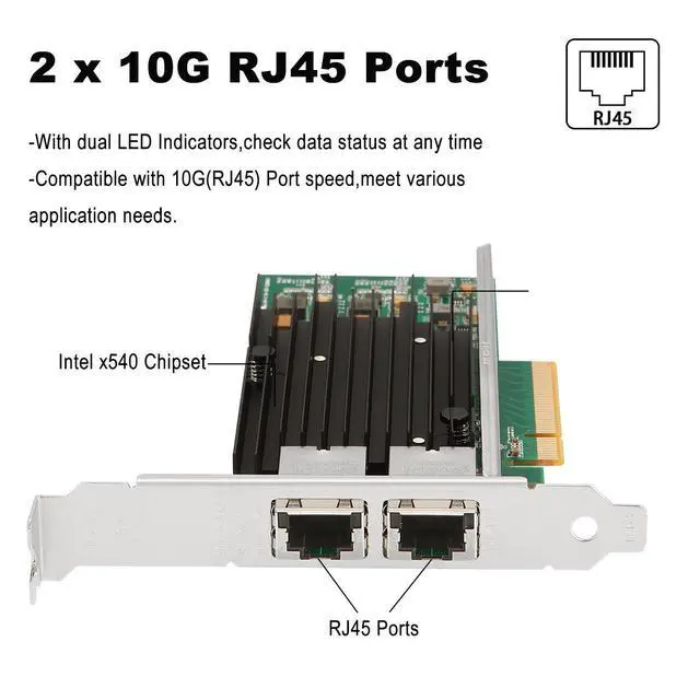 Alt view image 2 of 6 - Dual Port 10 Gigabit Ethernet PCI-e x8 Network Card Intel X540 Chipset