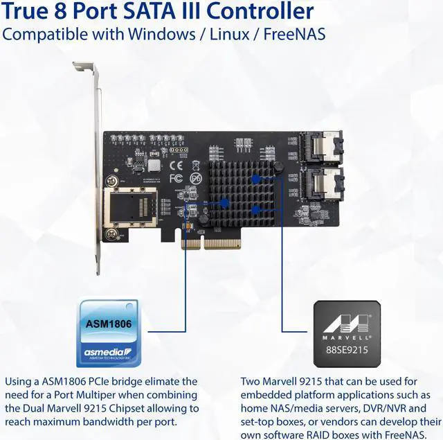 Alt view image 4 of 14 - SYBA SIPEX40137 8 Port SATA III PCI-e x4 Controller Card - Dual SFF-8087 Interface Marvell 9215 Chipset