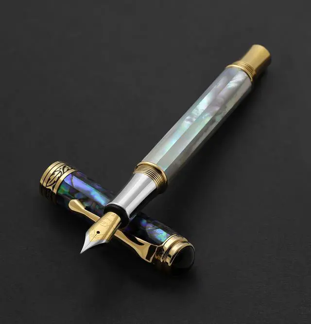 Alt view image 2 of 6 - Xezo Maestro Fountain Pen, Fine Nib. Iridescent Oceanic Origin White Mother of Pearl and Paua Sea Shell. 18 Karat Gold and Pure Platinum Plating. No Two Alike - OEM