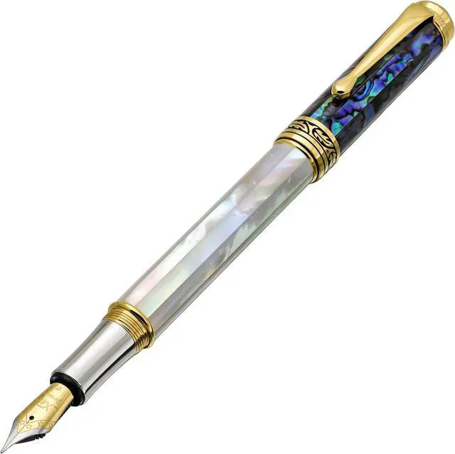 Main image of Xezo Maestro Fountain Pen, Fine Nib. Iridescent Oceanic Origin White Mother of Pearl and Paua Sea Shell. 18 Karat Gold and Pure Platinum Plating. No Two Alike - OEM