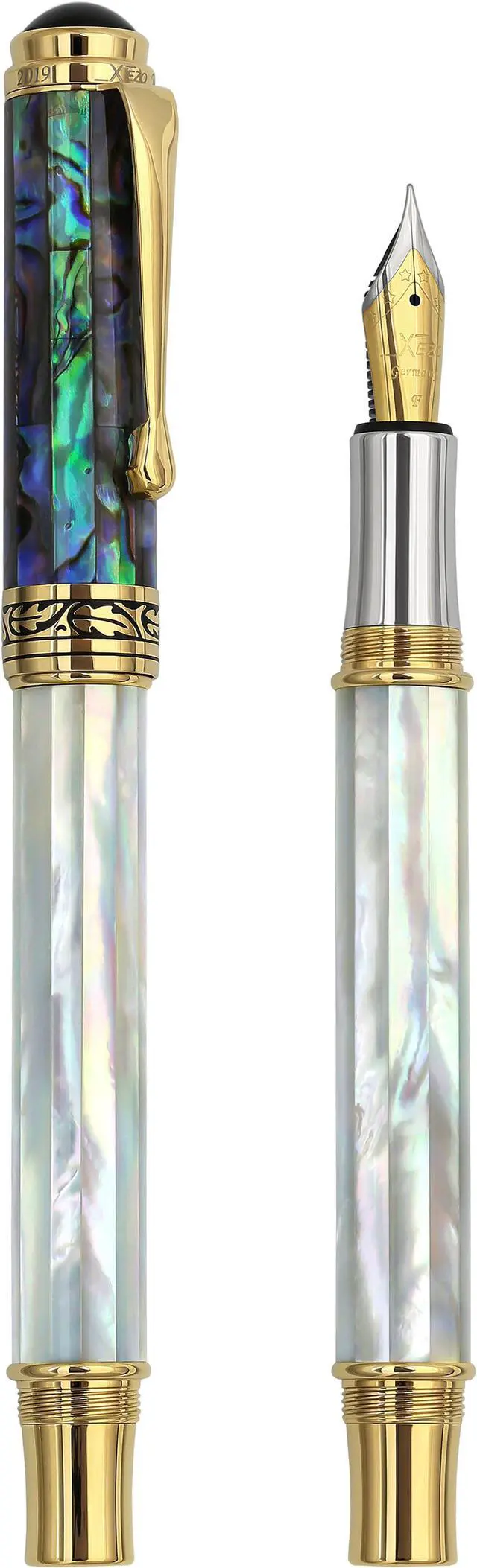 Alt view image 4 of 6 - Xezo Maestro Fountain Pen, Fine Nib. Iridescent Oceanic Origin White Mother of Pearl and Paua Sea Shell. 18 Karat Gold and Pure Platinum Plating. No Two Alike - OEM