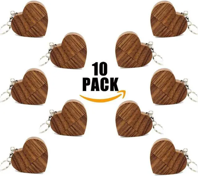 Main image of 10 Pieces 32GB USB Memory Stick Wood Made Heart USB Thumb Drive Flash Disk with Keychain