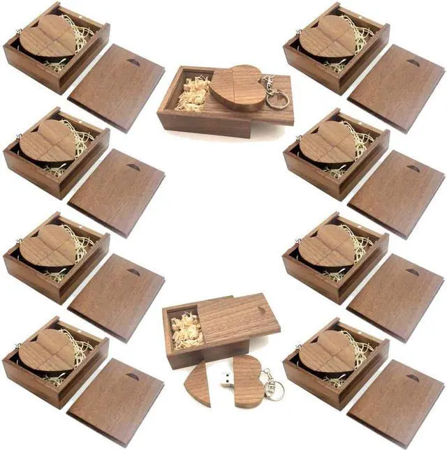 Main image of 10 Pack Wooden Heart 32GB USB 3.0 Memory Stick with Keychain and Walnut Box Gift for Wedding Photography