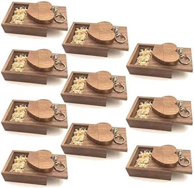 Alt view image 3 of 3 - 10 Pack Wooden Heart 32GB USB 3.0 Memory Stick with Keychain and Walnut Box Gift for Wedding Photography