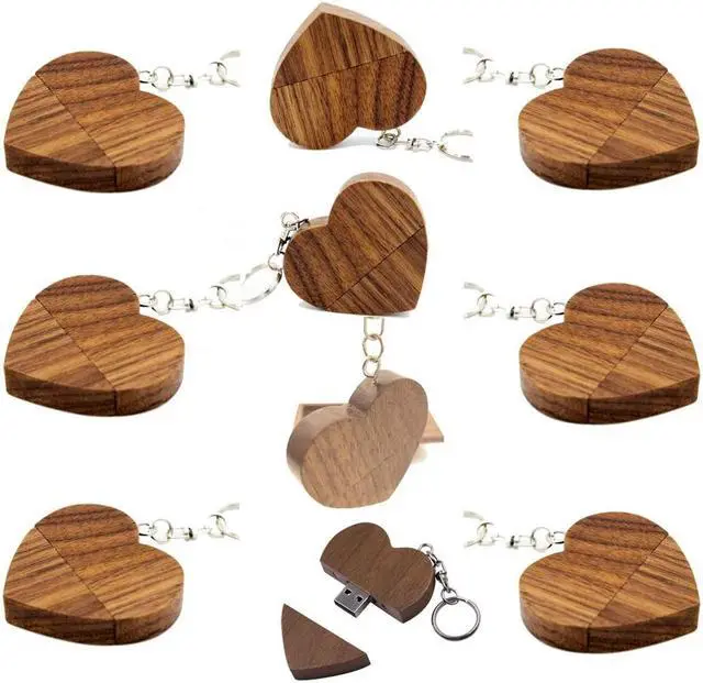 Main image of 10 PCS USB Memory Stick 16GB Wooden Heart Shaped USB Flash Drive with Keychain (Walnut)