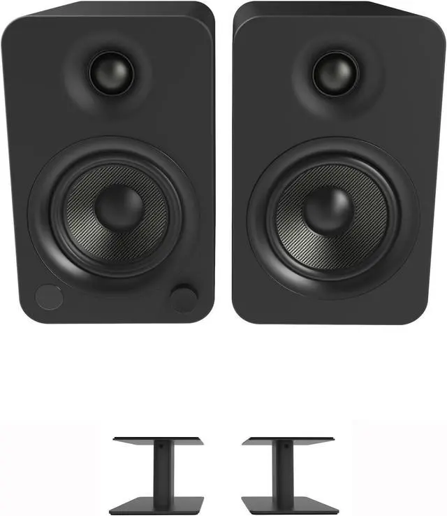 Main image of Kanto YU4MB 140W Bookshelf Speakers with Bluetooth - Matte Black (Pair) with Kanto SP6HD 6" Fixed-Height Desktop Stands for Bookshelf Speakers - Black (Pair) (2022)