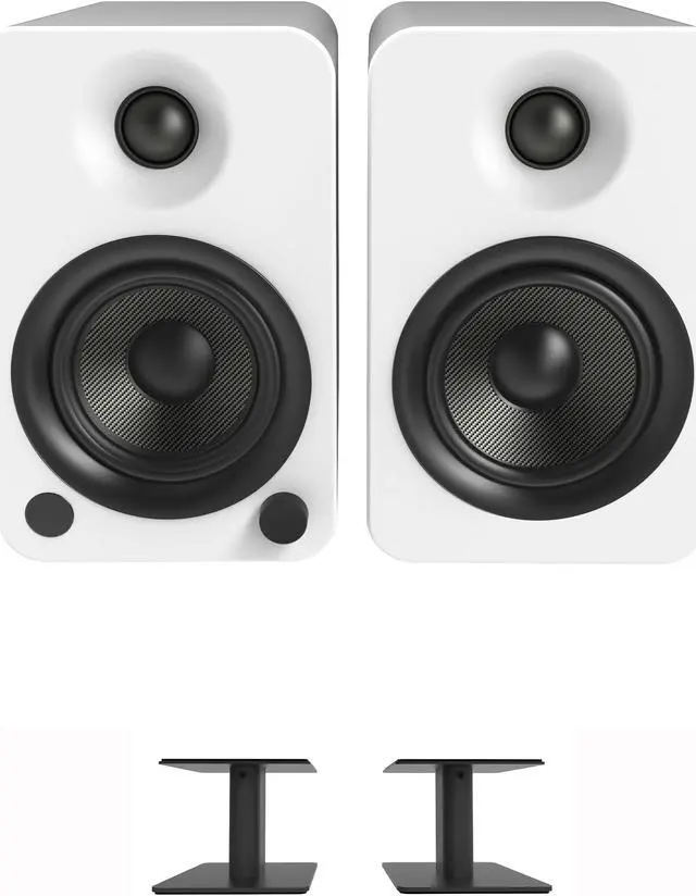 Main image of Kanto YU4MW 140W Bookshelf Speakers with Bluetooth - Matte White (Pair) with Kanto SP6HD 6" Fixed-Height Desktop Stands for Bookshelf Speakers - Black (Pair) (2022)