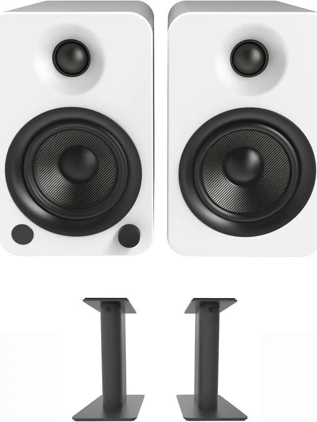Main image of Kanto YU4MW 140W Bookshelf Speakers with Bluetooth - Matte White (Pair) with Kanto SP9 9" Fixed-Height Desktop Stands for Bookshelf Speakers - Black (Pair) (2022)