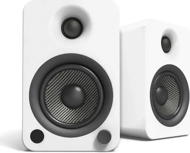 Alt view image 2 of 7 - Kanto YU4MW 140W Bookshelf Speakers with Bluetooth - Matte White (Pair) with Kanto SP26PL 26" Fixed-Height Stands for Bookshelf Speakers - Black (Pair) (2022)