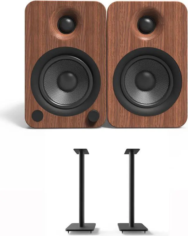 Main image of Kanto YU4WALNUT 140W Bookshelf Speakers with Bluetooth - Walnut (Pair) with Kanto SP26PL 26" Fixed-Height Stands for Bookshelf Speakers - Black (Pair) (2022)