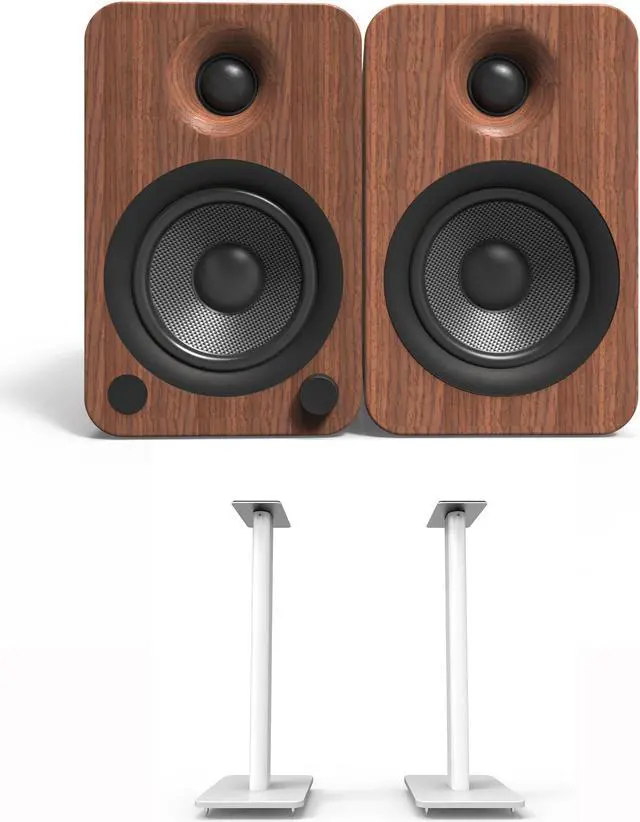Main image of Kanto YU4WALNUT 140W Bookshelf Speakers with Bluetooth - Walnut (Pair) with Kanto SP26PLW 26" Fixed-Height Stands for Bookshelf Speakers - White (Pair) (2022)