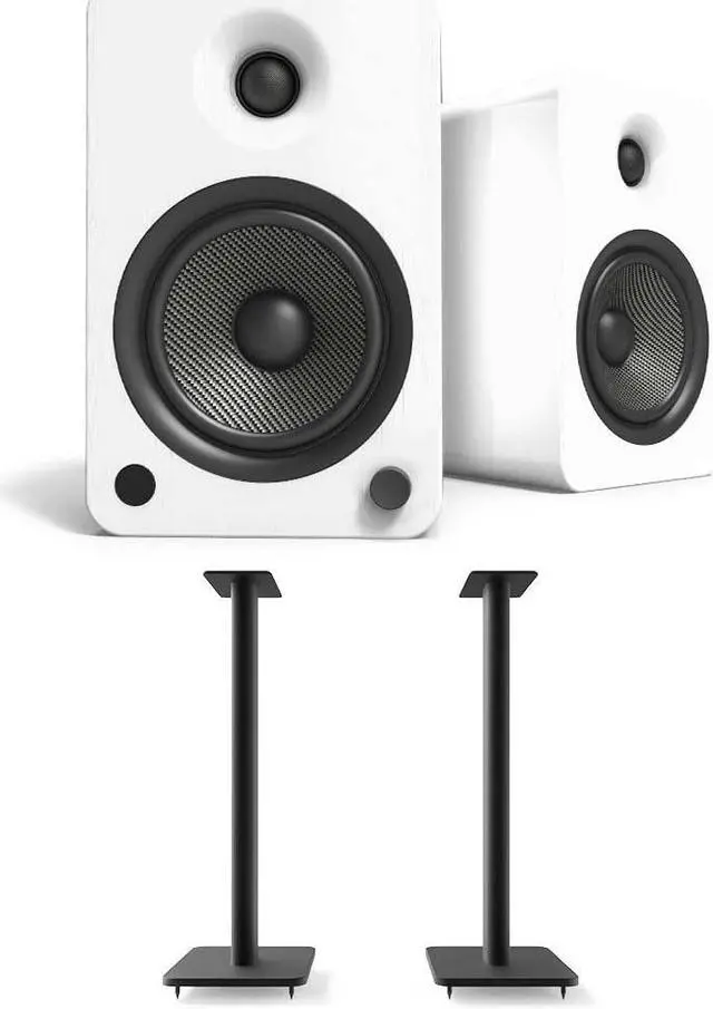 Main image of Kanto YU6MW 200W Bookshelf Speakers with Bluetooth - Matte White (Pair) with Kanto SP26PL 26" Fixed-Height Stands for Bookshelf Speakers - Black (Pair) (2022)