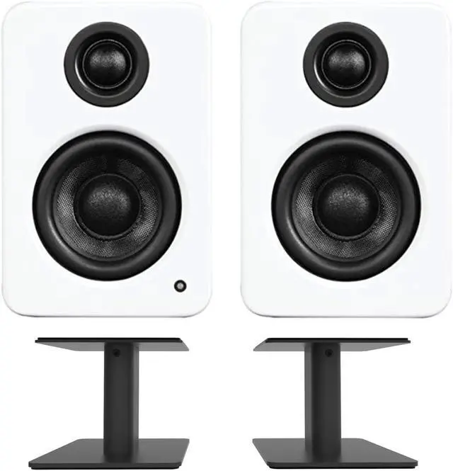 Main image of Kanto YU2MW 100W Bookshelf Computer Gaming Speakers - Matte White (Pair) with Kanto SP6HD 6" Fixed-Height Desktop Stands for Bookshelf Speakers - Black (Pair) (2022)