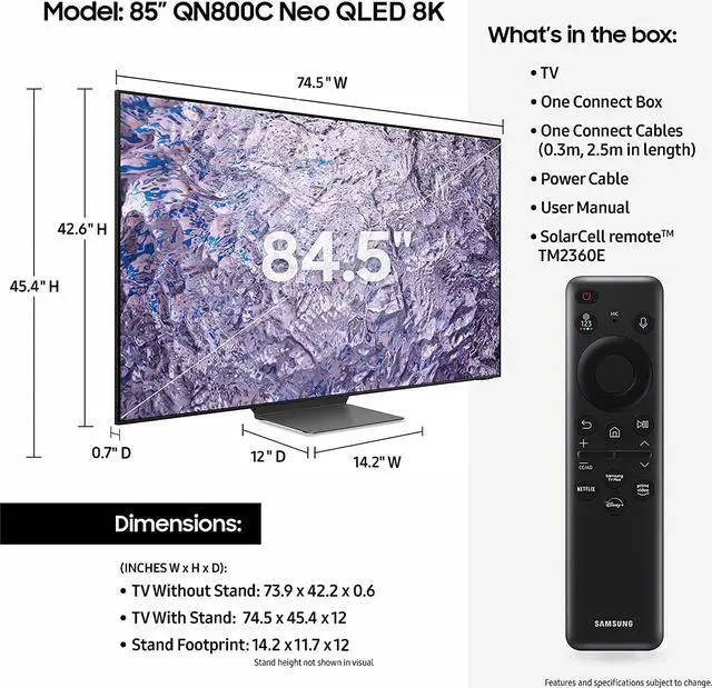 Alt view image 3 of 7 - Samsung QN85QN800CFXZA 85 Inch Neo QLED 8K Smart TV with Dolby Atmos with an Austere VII Series 8 Outlet Power w/Omniport USB (2023)