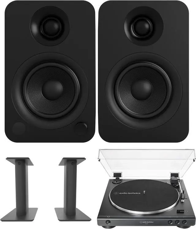 Main image of Kanto YU4MB 140W Bookshelf Speakers with Bluetooth, Kanto SP9 9 Inch Desktop Stands for Bookshelf Speakers, and AudioTechnica AT-LP60X-BK Fully Automatic 2-Speed Belt-Drive Turntable (2022)