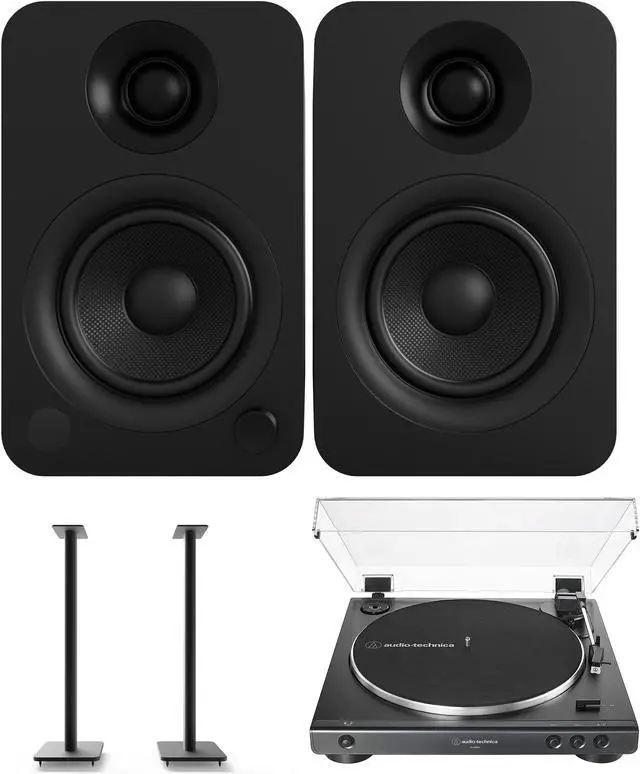 Main image of Kanto YU 140W Powered Bookshelf Speakers with Bluetooth, Kanto SP32PL 32 Inch Stands for Bookshelf Speakers, and AudioTechnica AT-LP60X-BK Fully Automatic 2-Speed Belt-Drive Turntable (2022)