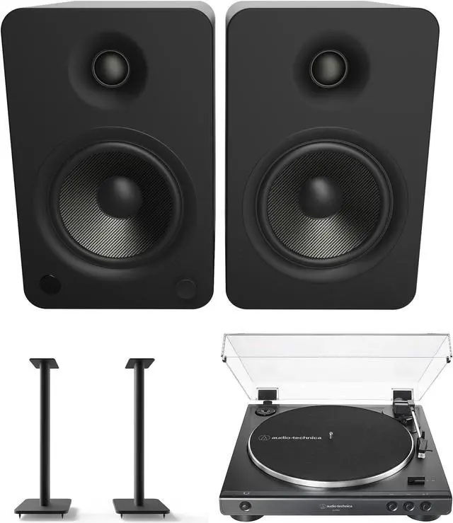 Main image of Kanto YU6MB 200W Bookshelf Speakers with Bluetooth, Kanto SP26PL 26 Inch Fixed-Height Stands for Bookshelf Speakers and an AudioTechnica AT-LP60X-BK Fully Automatic 2-Speed Belt-Drive Turntable (2022)