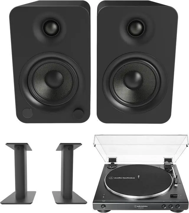 Main image of Kanto YU4MB 140W Bookshelf Speakers with Bluetooth with Kanto SP9 9 Inch Fixed-Height Desktop Stands for Bookshelf Speakers and an AT-LP60XBT-USB-BK Full Automatic Belt Drive Turntable (2022)