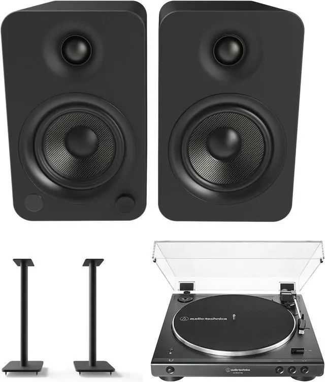 Main image of Kanto YU4MB 140W Bookshelf Speakers with Bluetooth with Kanto SP26PL 26 Inch Fixed-Height Stands for Bookshelf Speakers and an AT-LP60XBT-USB-BK Full Automatic Belt Drive Turntable (2022)